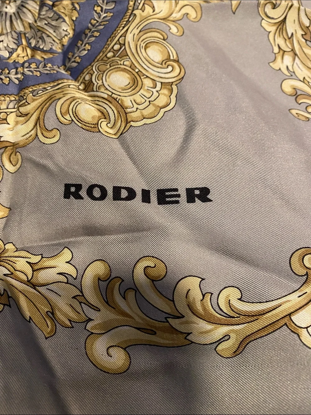 RODIER Gray Scarf with Gold and Blue Medallions
